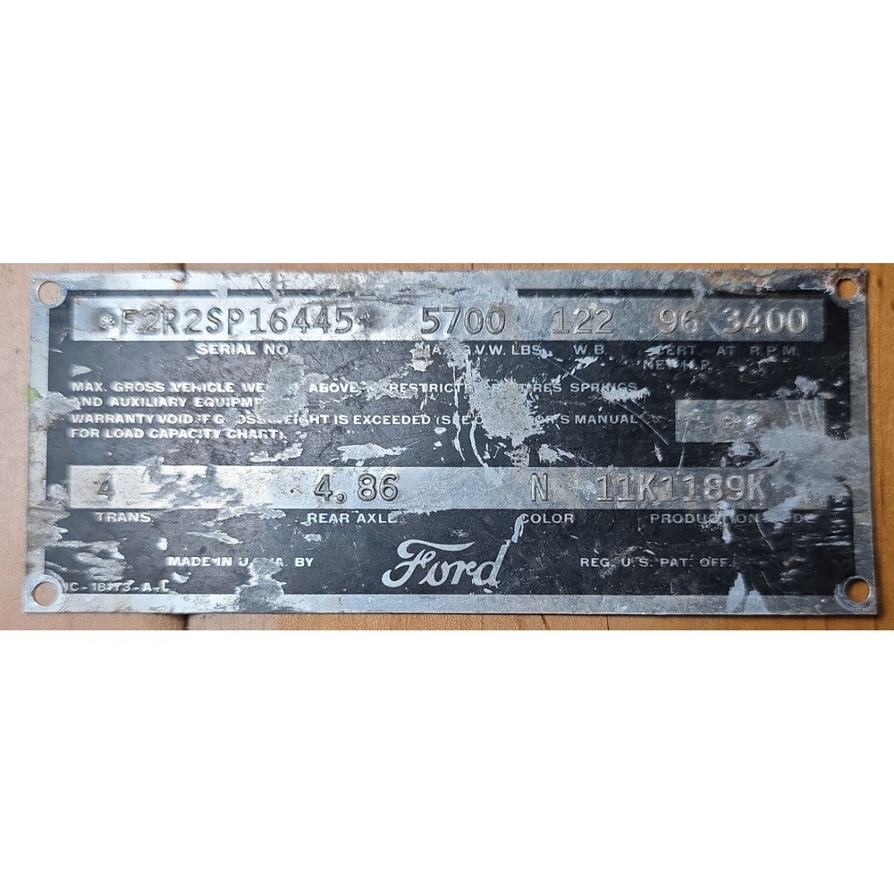 1952 Ford 3/4 ton Truck Data Plate Tag